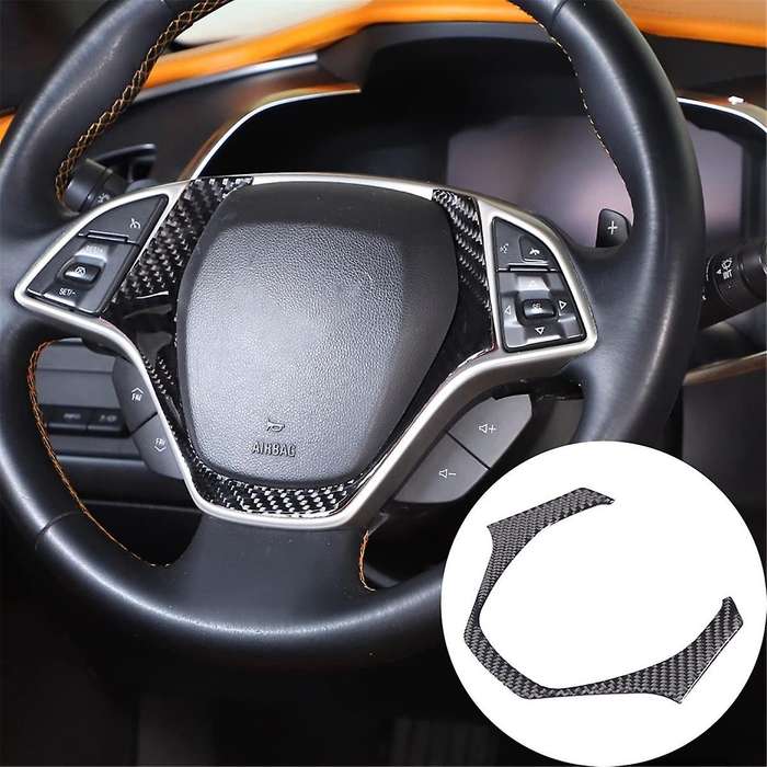 for C7 2014-2019 Soft Carbon Fiber Car Steering Wheel Cover Trim Frame Decals Sticker Accessories