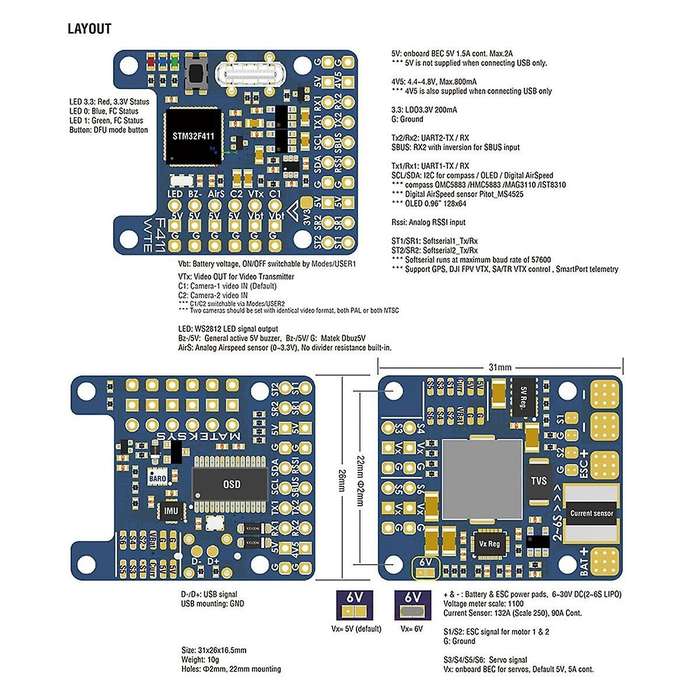 for F411-WTE Flight Control with OSD/Racing FPV Quadcopter Flight Control Supports 2S-6S/BMI270 Sens