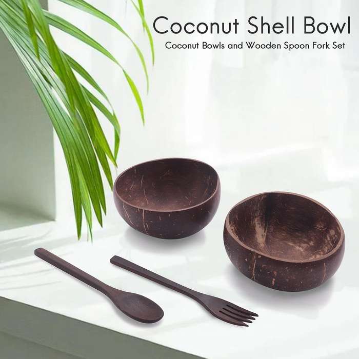 Coconut Bowls and Wooden Spoon Fork Set,vegan Organic Salad Smoothie