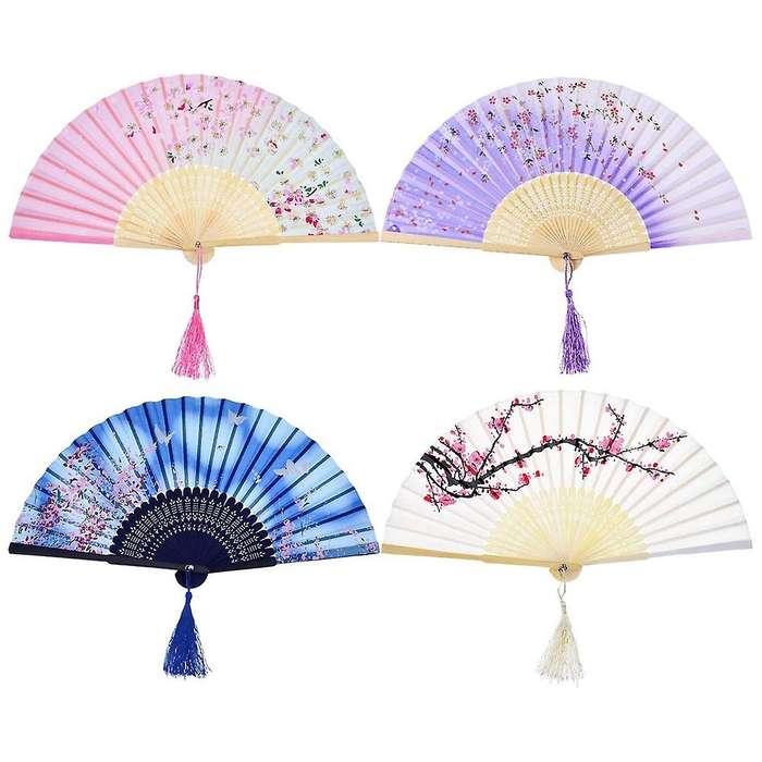 4pack Handheld Floral Folding Fans Hand Held Fans Silk Bamboo Fans