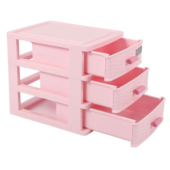 Plastic Drawer Designed 3 Compartment Jewelry Storage Box Pink