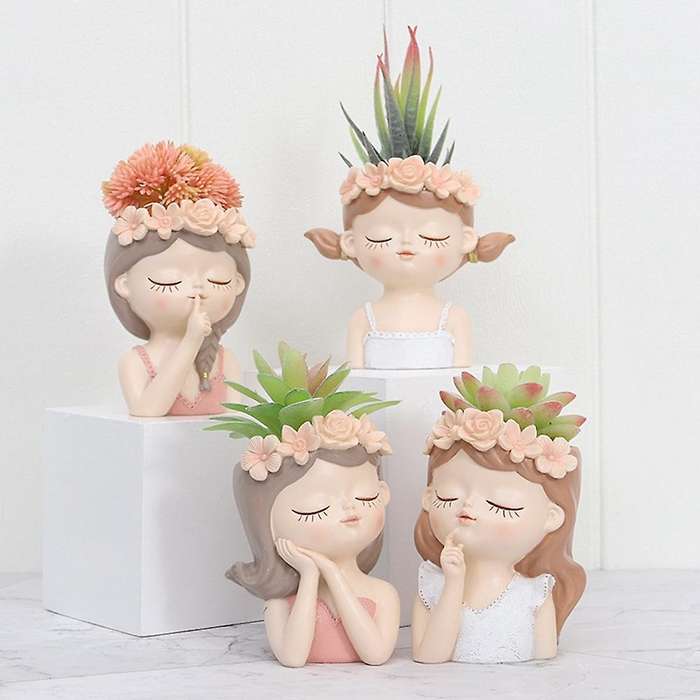 Cartoon Girl Desktop Succulent Plant Potted Flower Pot,11 X 8 X 7cm