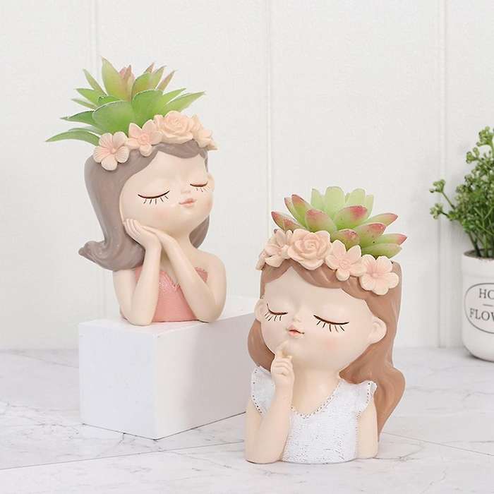 Cartoon Girl Desktop Succulent Plant Potted Flower Pot,11 X 8 X 7cm