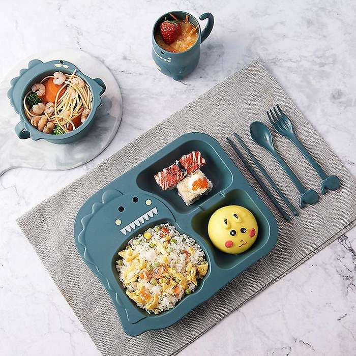 1 Set 6pcs Kid Dinosaur Plate Bowl Cup Spoon Fork Chopsticks,green