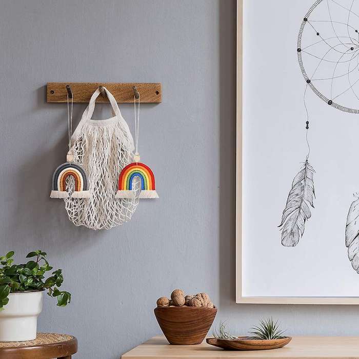 Boho Rainbow Car Charm Macrame Wooden Beads Mirror Hanging