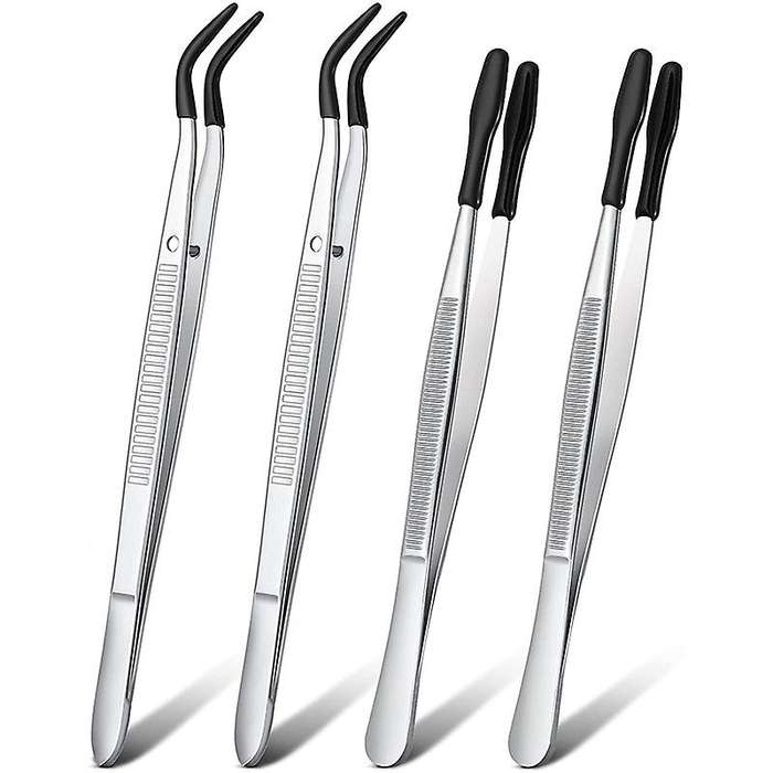 2pcs Elbow and 2pcs Flat Tip Tweezers Stainless Steel Tweezers-black