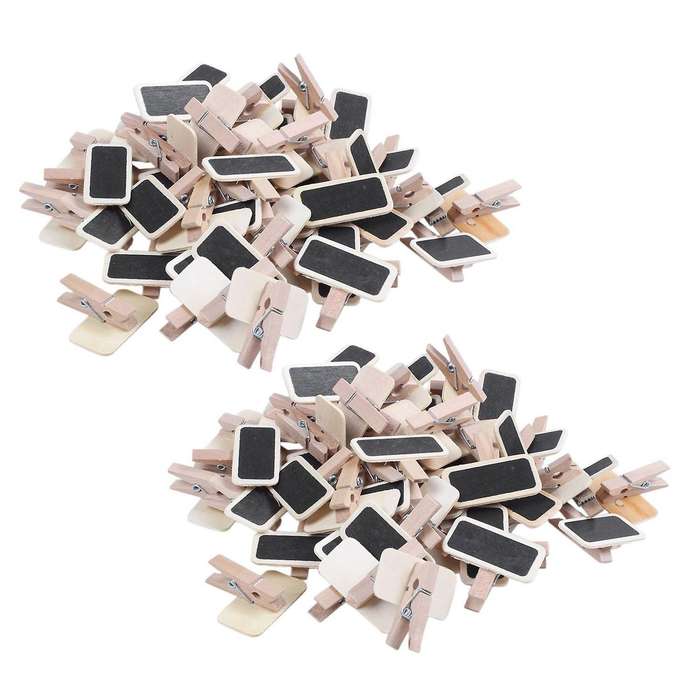 100x Mini Tableau Noir Bois Message Rectangle Ardoise Clip Carte