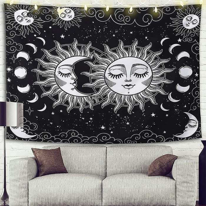 Sun and Moon Tapestry Wall Hanging Tapestry Black(51.2x59.1 Inches)