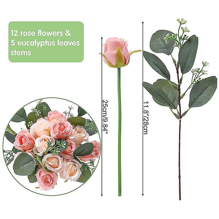 12 Silk Flowers Rose and 5 Eucalyptus Leaves Stems In Bulk, for Party