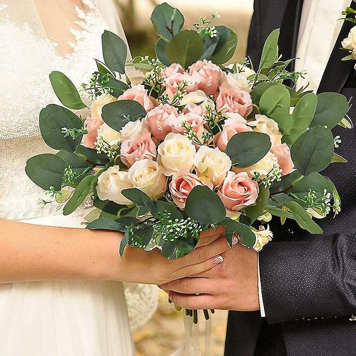 12 Silk Flowers Rose and 5 Eucalyptus Leaves Stems In Bulk, for Party