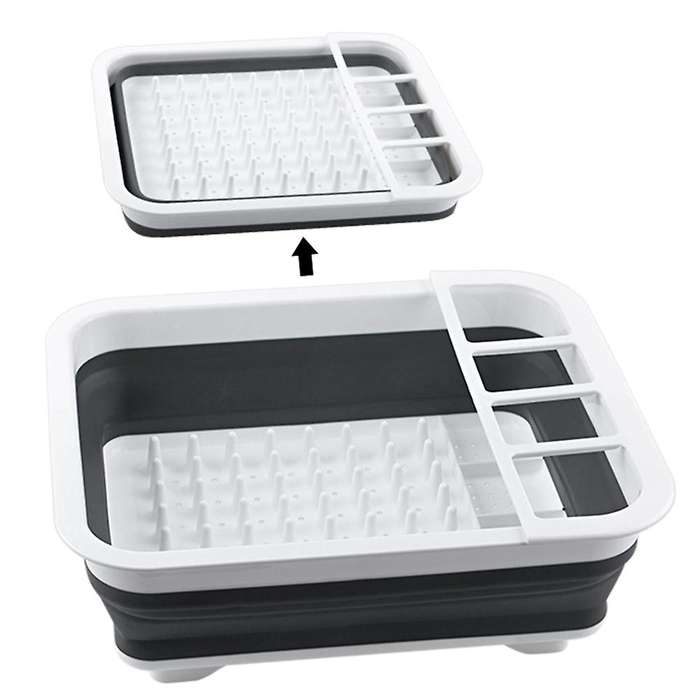 Kitchen Folding Drain Dish Rack Tableware Storage Box Black + White