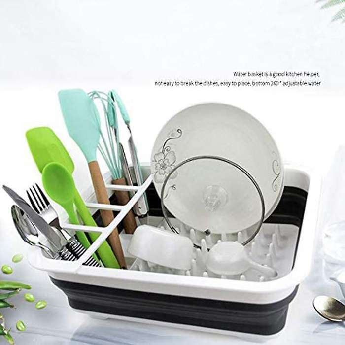 Kitchen Folding Drain Dish Rack Tableware Storage Box Black + White