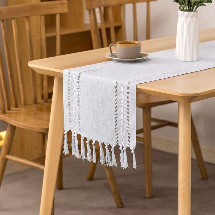 Rustic Table Runner with Handmade Tassel, Hemstitched Embroidery