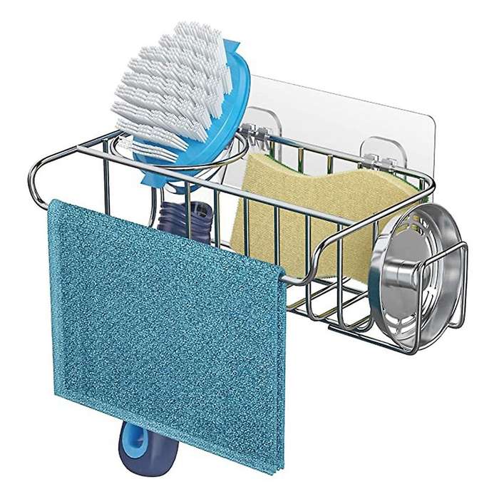 4 In 1 Sink Caddy Sponge Holder, Stainless Steel Sink Basket Brush