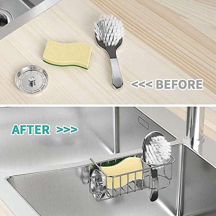 4 In 1 Sink Caddy Sponge Holder, Stainless Steel Sink Basket Brush