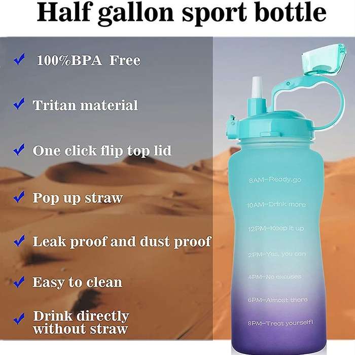 Water Bottle with Time Marker, 68 Oz Extra Large -pink Green