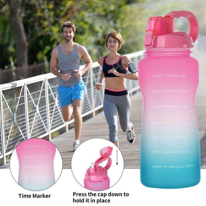 Water Bottle with Time Marker, 68 Oz Extra Large -pink Green