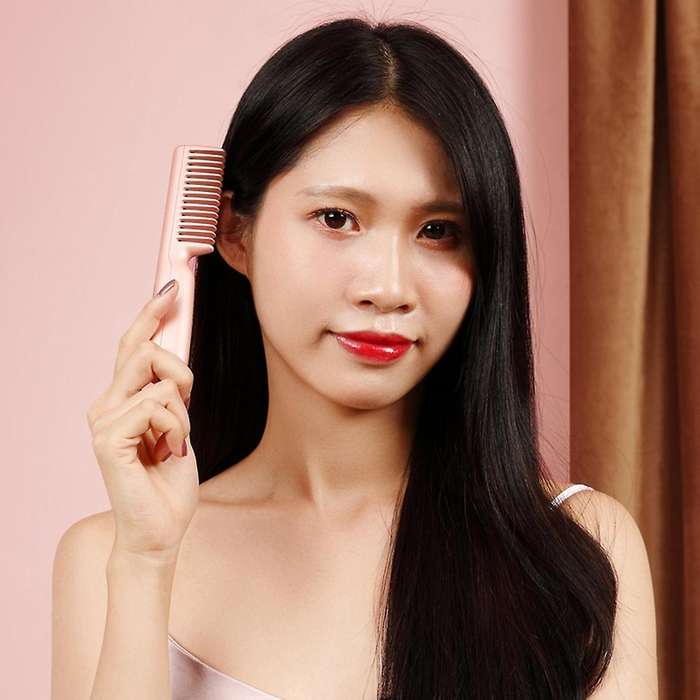 Electric Cordless Hair Straightener and Curling 2 In 1 Dry Comb Pink