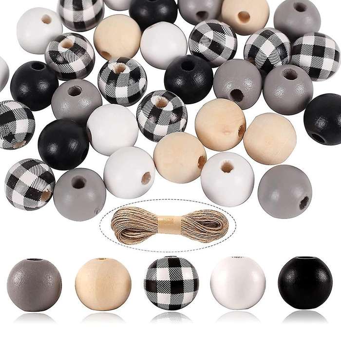 200 Pcs Wooden Beads with Hemp Rope for Fall Black Gray White