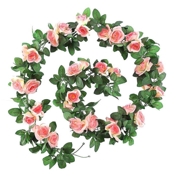 2 Pack 15 Ft Pink Fake Rose Vine Hanging for Wedding Home Champagne