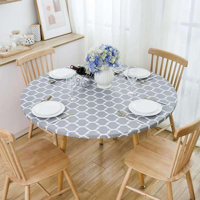 Round Tablecloth with Elastic Edge Waterproof Oil Proof Table Cloth
