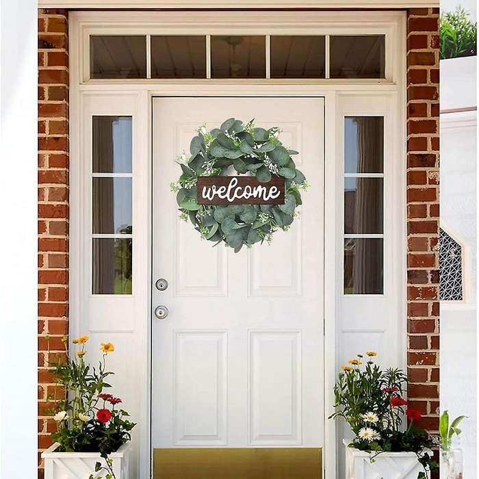Artificial Eucalyptus Wreath 11inch Welcome Wreath with Wooden Sign