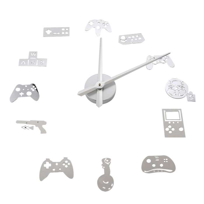 Diy Giant Wall Clock Game Joysticks Stickers Boy Bedroom Decor Silver