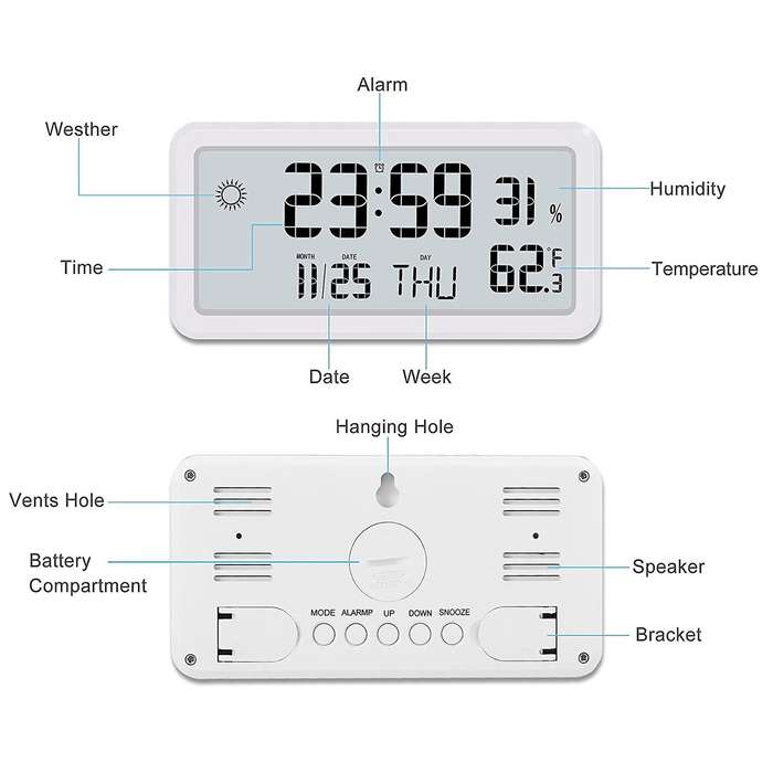 Alarm Clock for Bedroom,digital Wall Clocks,with Date,week,white