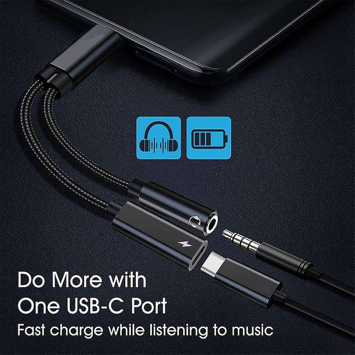 Type C to 3.5mm Headphone and Charger Adapter,2-in-1 Cable(black)
