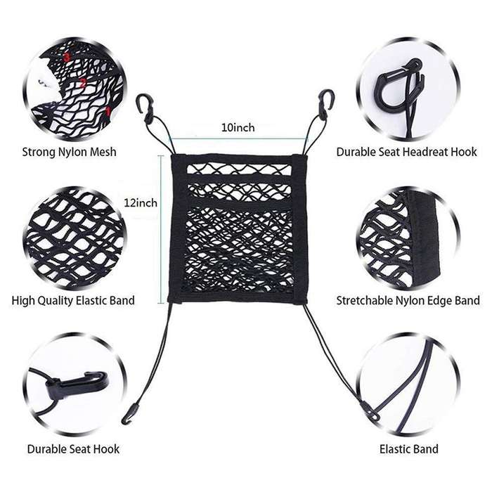 2x 3-layer Car Mesh Organizer, Stretchable Seat Back Net Bag, Barrier