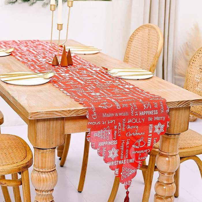 Christmas Linen Printed Table Runner with Tassel Tablecloth Red