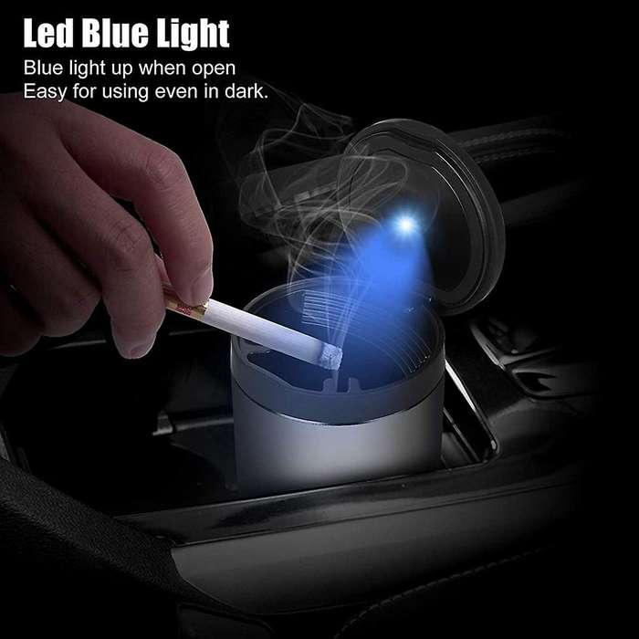 Car Ashtray, with Led Light and Flip Lid, Outdoor Ash Tray (gray)