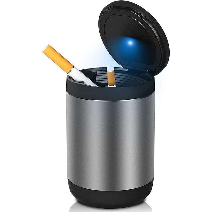 Car Ashtray, with Led Light and Flip Lid, Outdoor Ash Tray (gray)