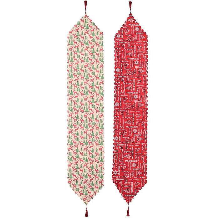 2 Pcs Christmas Table Runner with Elk Christmas Tree Bell Snowflake