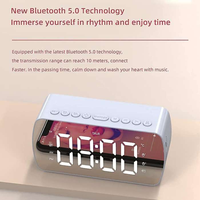 Digital Alarm Clock, with Hifi Bluetooth Speaker, Radio,white