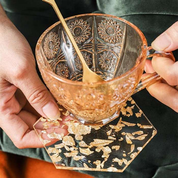 6pcs Acrylic Gold Foil Coaster Heat Insulation Cup Mat for Home A