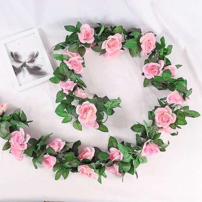 2 Pack 15 Ft Pink Fake Rose Vine Hanging for Wedding Home Pink