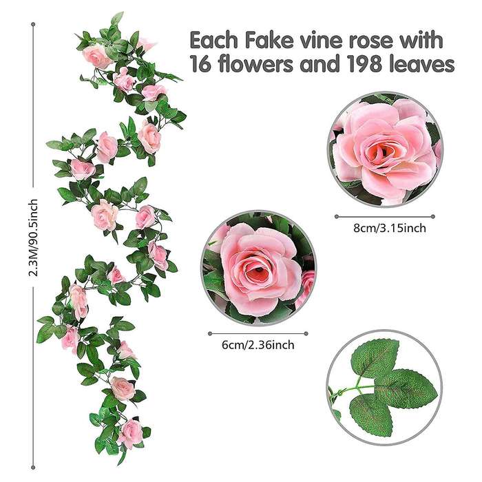2 Pack 15 Ft Pink Fake Rose Vine Hanging for Wedding Home Pink