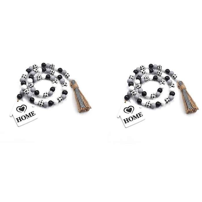 2pcs Black and White Plaid Wood Bead Wreath with Fringe Rustic