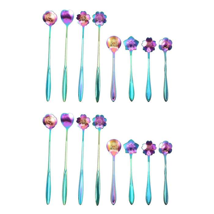16pcs Flower Spoon Set,2 Different Size Colorful Stainless Steel