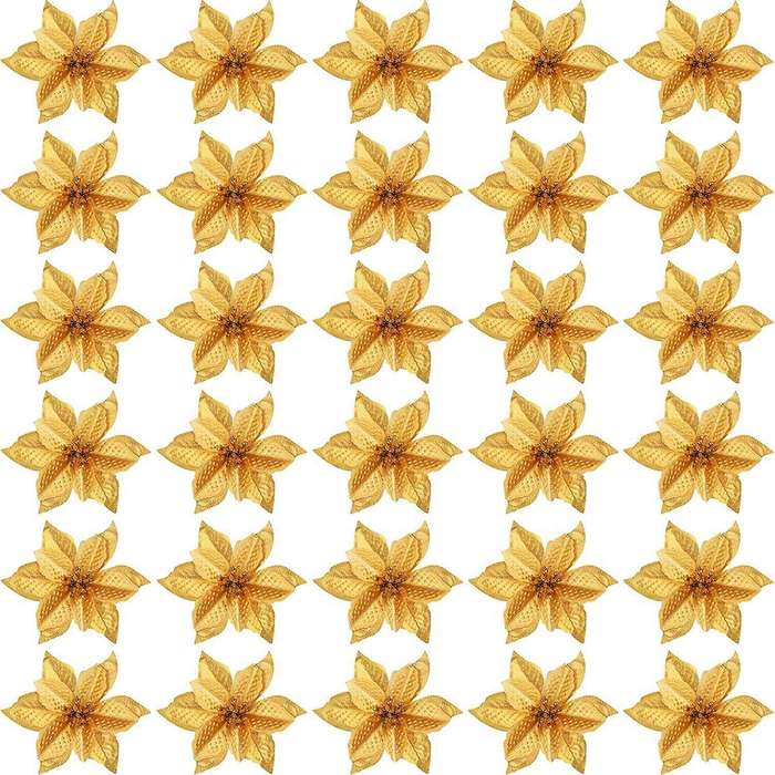 50 Pack Glitter Poinsettia Christmas Tree Ornaments(gold)