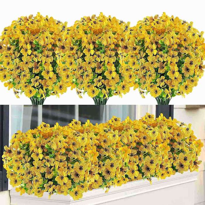 6 Bundles Artificial Flowers Uv Resistant Fake Plants Yellow
