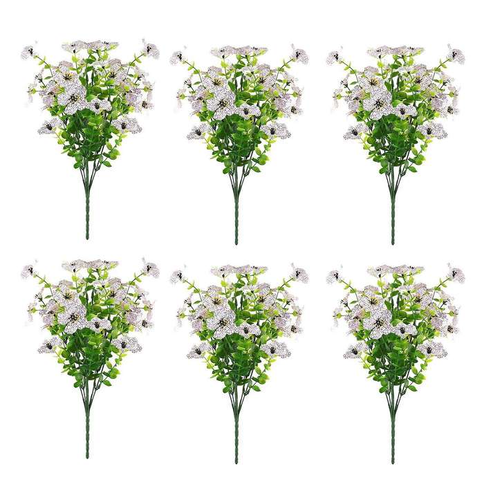 6 Bundles Artificial Flowers Uv Resistant Fake Plants White