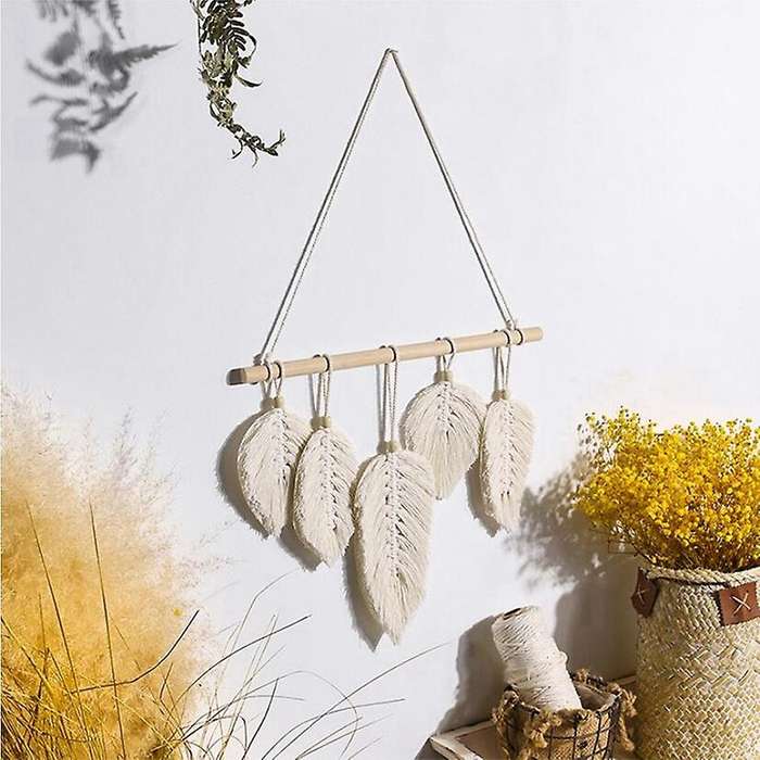 Handmade Macrame Leaf Wall Hanging Tapestry Cotton Woven,beige+yellow
