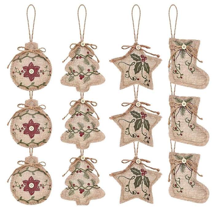 12pc Christmas Tree Burlap Hanging,ball Stocking Shaped Hanging Decor