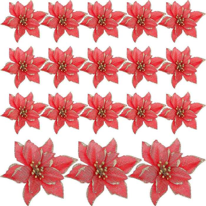 50 Pack Glitter Poinsettia Christmas Tree Ornaments(red)