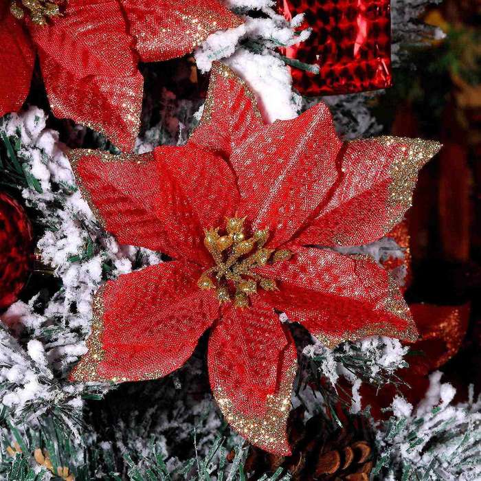 50 Pack Glitter Poinsettia Christmas Tree Ornaments(red)