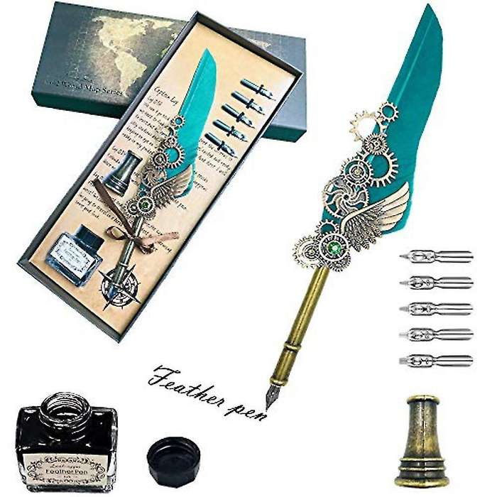 Antique Quill Feather Set Steampunk Calligraphy Pen Set Green