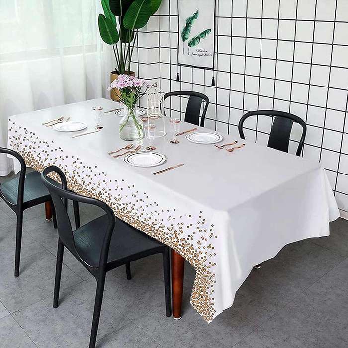 3 Pcs Disposable Plastic Rectangle Gold Dot Tablecloths White