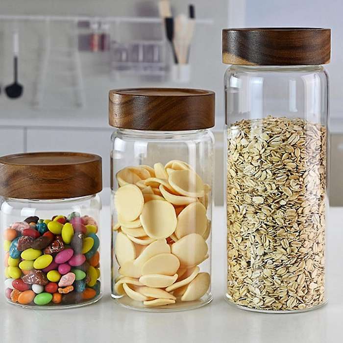 Wood Lid Glass Airtight Canister Food Sealed Grounds Candy Jars B